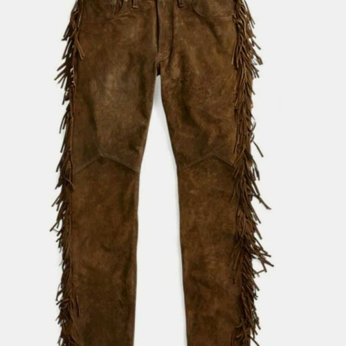 Men Suede Western Style Cowboy Leather Pant With Fringe Etsy