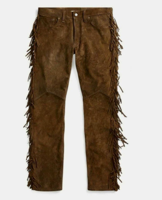 Men Suede Western Style Cowboy Leather Pant With Fringe Etsy
