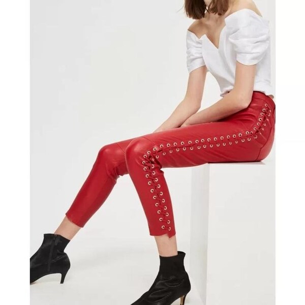 Girls red Real Sheepskin Leather Skinny Pants Leggings Mid Rise Women