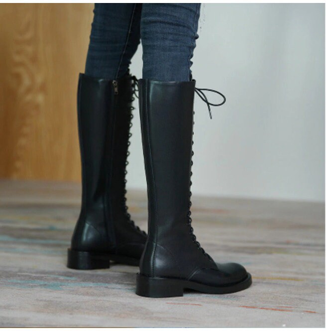 Stylish Women's Leather Lace up Knee High Boots - Etsy