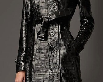 Women's Real Leather Designer Black Crocodile Embossed Trench Coat For Women's/ Party Coat