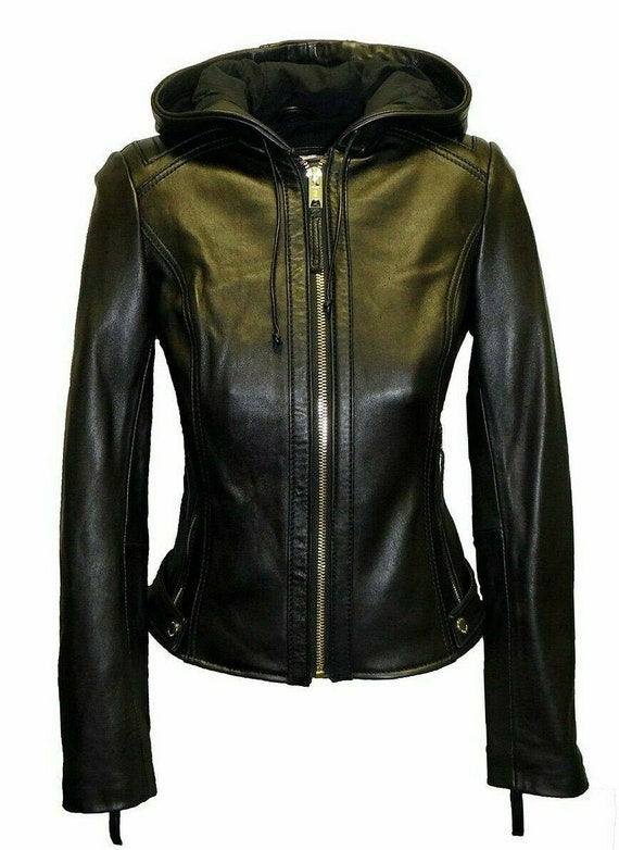Womens Black Hooded Leather Jacket Biker Bomber Hood Leather