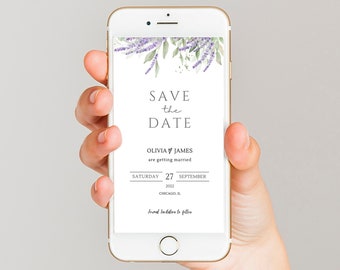 Lavender Floral Wedding Save the Date, Mobile Electronic Invite, Digital Wedding Evite Canva, Minimalist Invitation