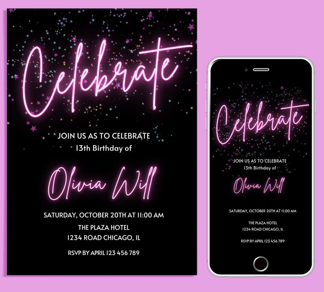 Neon Light Birthday Invitation, Editable Template, Adult Bday Invite ...