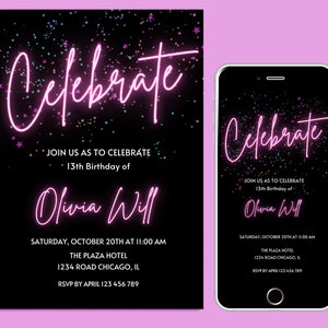 Neonlicht-Geburtstagseinladung, bearbeitbare Vorlage, Erwachsener bday einladen, Teen, Hot Pink, Mädchen, JEDES ALTER, Let&#39;s Party, Instant Download