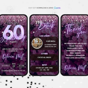 60th Birthday Invitation, Floral 60th Birthday Party Animated Invitation, Editable Digital Video Invite, Dinner Party Evite