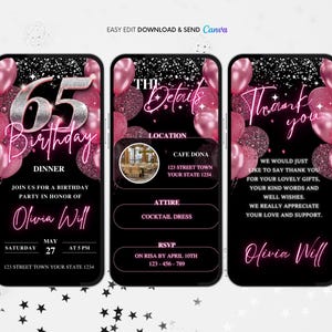 65th Birthday Invitation, Pink Floral 65th Birthday Party Animated Invitation, Editable Balloons Digital Video Invite, Dinner Party Evite