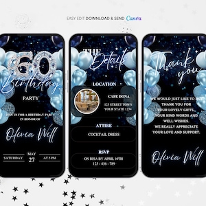 60th Birthday Invitation, Blue 60th Birthday Party Animated Invitation, Editable Balloons Digital Video Invite, Dinner Party Evite