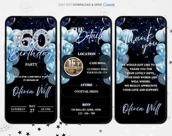 Blue 60th Birthday Animated Invitation: Editable Video Evite