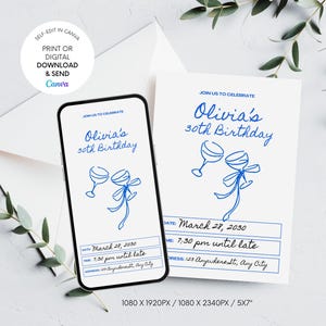 Editable Hand Drawn 30th Birthday Invitation Template, Thirtieth Birthday Party Invite, Blue Coquette Bday Invite, Cocktail party, Any age