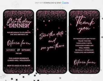 Pink Floral Birthday Dinner Invitation, Elegant Rose Evite, Editable Canva Template, Digital Party Invite