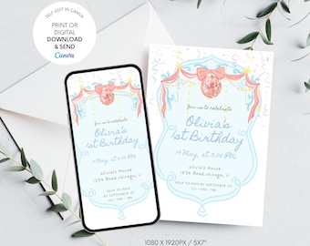 Könnte beinhalten: Eine digitale Einladung zu Olivias 1. Geburtstag auf einem Smartphone und einer gedruckten Karte. Das Design zeigt einen hellblauen Hintergrund, eine rosa Schleife, eine Discokugel und Konfetti. Der Text enthält Datum, Uhrzeit und Ort.