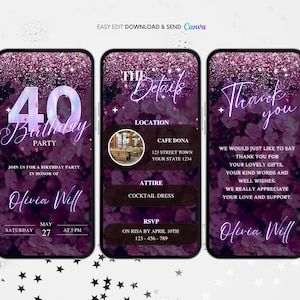 40th Birthday Invitation, Floral 40th Birthday Party Animated Invitation, Editable Digital Video Invite, Dinner Party Evite