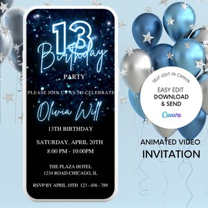 13th Birthday Invitation, Birthday Party Invitation, Editable Electronic Bday Dinner, Animated Birthday Party Invite, Text Message Evite