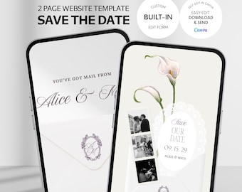 Elegante sitio web para anunciar la fecha de la boda, invitación clásica para móvil, opción para confirmar asistencia (RSVP), plantilla digital editable para bodas en Canva (descarga digital).