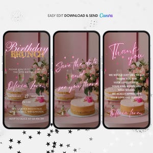 Rosa Brunch-Einladung, Geburtstags-Brunch-Animierte Einladung, bearbeitbare Brunch-Party-Digital-Video-Einladung, Frühstücks-Geburtstags-Blumenparty