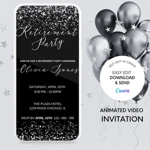 Retirement Party Video Invitation, Silver Glitter Party Invite, Mobile Retirement Invitation, dinner party invite, Editable, Printable