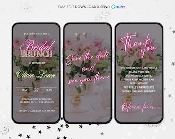 Invitación en video para brunch nupcial con flores rosas: editable en Evite (descarga digital)