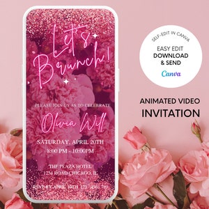 Digitale rosa Blumen Geburtstagsbrunch-Einladung, elektronischer Telefontext Evite, Let&#39;s Brunch, bearbeitbare Vorlage, Evite, Instant Download