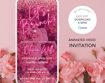 Roze bloemen verjaardagsbrunch video-uitnodiging: bewerkbare Evite (digitale download)