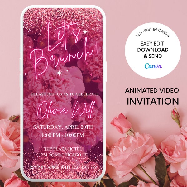 Digital Pink Floral Birthday Brunch Invitation, Electronic Phone Text Evite, Let's Brunch, Editable Template, Evite, Instant Download