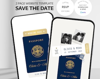 Navy Blue Passport Destination Save the Date Website, Wedding Invitation Template(Digital Download)