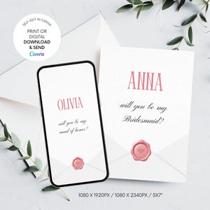 Asking bridesmaid card, Printable Will You Be My Bridesmaid Card Template, Maid Of Honor Proposal Card, Editable Instant