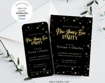 Digital New Years Eve Party Invitation, NYE Celebration Invite, Black Gold Evite