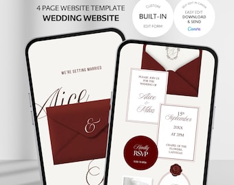 Burgundy Wedding Mobile Invitation Website Template, Elegant Deep Red Digital Wedding Invite with RSVP, 4 Page Canva Template, Luxury Evite
