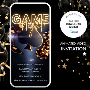 Invito per serata di giochi, invito elettronico al casinò Neon Gold, serata di giochi in famiglia, serata di giochi in coppia, festa per adulti, modello modificabile, video