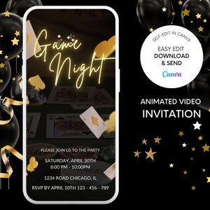 Invito per serata di giochi, invito elettronico al casinò giallo neon, serata di giochi in famiglia, serata di giochi in coppia, festa per adulti, modello modificabile, video