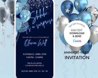 Può includere: Un invito video animato blu e argento con palloncini e stelle. Il testo recita "Shhh è una sorpresa" e "Unisciti a noi per celebrare Olivia Will". L'invito è per sabato 20 aprile dalle 20:00 alle 22:00 presso The Plaza Hotel, 1234 Road Chicago, IL. RSVP entro il 10 aprile, 123-456-789.