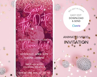 Save the date Invitation, Pink Birthday Invitation | 30th, 40th, 50th, 60th Birthday and for Any Age | Heart Glitter Save The Date, Video