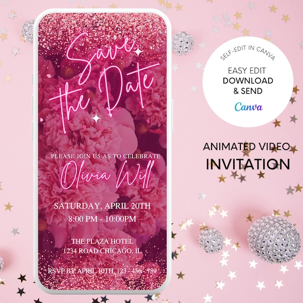 Save the date Invitation, Pink Birthday Invitation | 30th, 40th, 50th, 60th Birthday and for Any Age | Heart Glitter Save The Date, Video