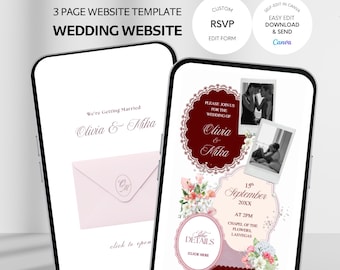 Burgundy & Pink Floral Wedding Website Template with RSVP: Editable Canva Design (Digital Download)