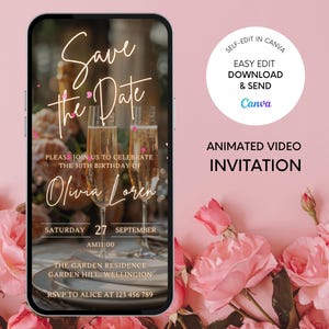 Op de afbeelding: Een roze en gouden geanimeerde video-uitnodiging voor een 30e verjaardagsfeest. De uitnodiging heeft een save-the-date-ontwerp met champagne glazen en de tekst "Save the Date" en "Olivia Loren". De uitnodiging bevat ook de datum, tijd en locatie van het feest.