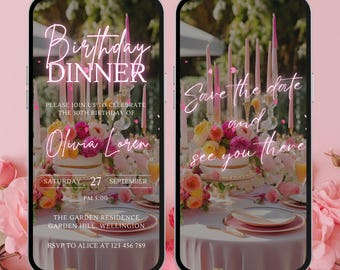 Pink Floral Birthday Dinner Invitation: Animated Video (Digital Download)