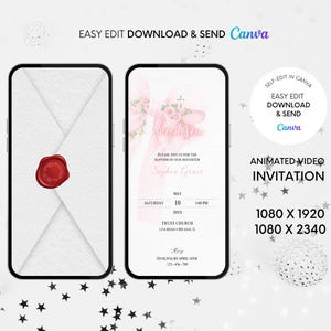Pink Bow Baptism Invitation Template, Watercolor Floral Coquette Girl Printable Christening Invite Editable Baptism Digital Instant Download