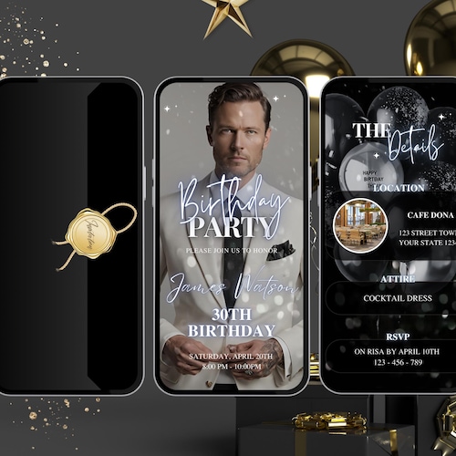 Birthday party Invitation, Black Silver Formal Affair Party, Animated Video Invite Self Editable Template