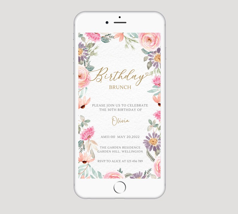 Op de afbeelding: Een digitale uitnodiging voor een verjaardagsbrunch met een bloemige rand. De uitnodiging luidt "Birthday Brunch" en bevat de datum, tijd, locatie en RSVP-informatie.
