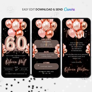 60th Birthday invitations animated, 60th Rose Gold  Birthday  Animated Invitation, Editable Balloons Video Invite, Dinner Party Evite