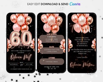 60th Birthday Animated Invitation: Rose Gold Balloons Evite (Digital Download)