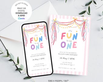 It's Fun to Be One First Birthday Invitation, Whimsical Garland 1st Birthday, Pink Stripe Pastel Retro Girl Party