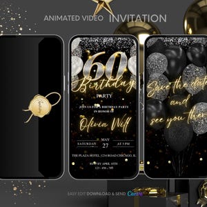 60th Birthday Invitation, Gold 60th Birthday Party Animated Invitation, Editable Balloons Digital Video Invite, Dinner Party Evite