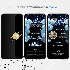 Birthday Dinner Invitation, Digital Birthday Invitation, Editable Birthday Dinner Invite, Blue Silver Formal Affair Party, Any Age, Download