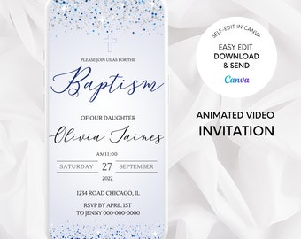 Baptism Invitation Template, mobile baptism invitations, editable baptism template, christening Invite Template, Blue Watercolor Gold Evite