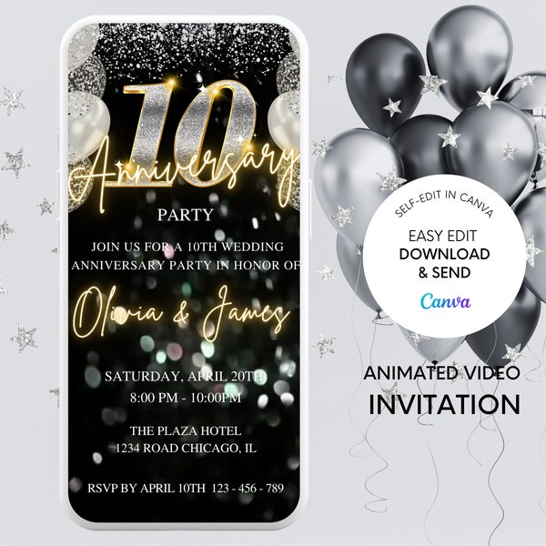 10th Anniversary Invitation, Glitter Wedding Anniversary Invite, Digital Video Wedding Anniversary, Anniversary Invite, Editable Template