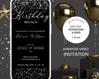Invitación en video para brunch de cumpleaños con brillo plateado (descarga digital)