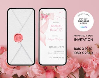 Pink Bow Bridal Shower Invitation Template: Floral Brunch Invite (Digital Download)