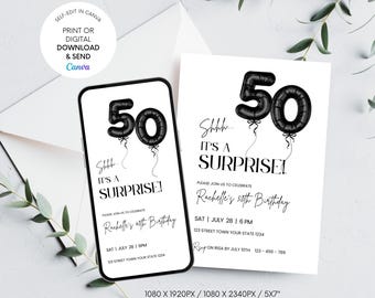 50th Birthday Surprise Invitation, Black Foil Balloons, Editable Digital Invite, Minimalist Dinner Party Evite